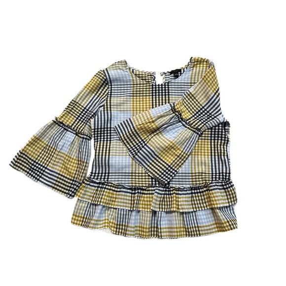 ANN TAYLOR ~ Plaid Bell Sleeve Ruffle Bottom Top in Yellow and Blue size S - Picture 6 of 7